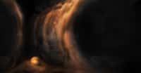 Une vue d’artiste des cascades de gaz observées par des chercheurs de l’université du Michigan (États-Unis) dans des espaces libres probablement formés par des planètes naissantes. © S. Dagnello, NRAO/AUI/NSF