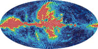 En rouge la polarisation la plus intense selon les modes E du rayonnement fossile. En bleu, la moins intense. Crédit : Nasa