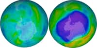 Le trou dans la couche d'ozone au-dessus de l'Antarctique s'ouvre et se ferme au gré des saisons (avril 2006 à gauche et septembre 2006 à droite). © NOAA, KNMI, Esa