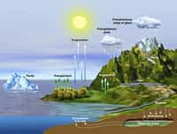 Le cycle de l'eau influe sur la salinité des océans. L'apport d'eau douce, par les fleuves, rivières, infiltrations souterraines, dilue l'océan, tandis que les processus d'évaporation augmentent localement la salinité. La teneur en sel de l'océan module la densité des masses d'eau, c'est donc un paramètre essentiel dans l'étude du climat. © Cnes 
