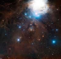 Cette image à grand champ montre la région autour de la nébuleuse par réflexion NGC 1999 dans la fameuse constellation d’Orion en lumière visible. NGC 1999 se trouve au centre de l’image. La grande structure brillante en haut de l’image est la nébuleuse bien connue d’Orion (Messier 42). Cette vue a été créée à partir de clichés du Digitized Sky Survey 2. © ESO, Digitized Sky Survey 2, Davide De Martin