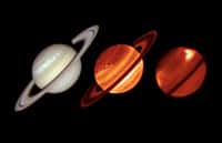 Trois images prises dans trois longueurs d'onde différentes (visible et infrarouge) révèlent l'étendue de la tempête qui touche Saturne en janvier 2011. © ESO/University of Oxford/L.-N. Fletcher/T. Barry