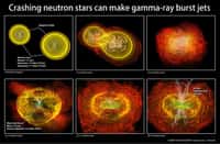 Ces images, extraites de la vidéo ci-dessus, montrent la fusion de deux étoiles à neutrons simulée à l'aide d'un supercalculateur. Les lignes blanches et vertes représentent des champs magnétiques et les couleurs allant vers le rouge des densités de matière de plus en plus faibles. Les étoiles à neutrons en orbite l’une autour de l’autre s’approchent rapidement, perdant de l'énergie en émettant des ondes gravitationnelles. Elles fusionnent après environ trois orbites en moins de 8 millisecondes. La fusion amplifie et tord  les lignes de  champ magnétique qui deviennent très torturées et un trou noir (black hole) peut éventuellement finir par se former. Les lignes de champ magnétique deviennent finalement plus organisées en adoptant une structure qui rappelle les lignes de courant d’un jet de matière, ce qui produit de courtes bouffées de rayons gamma. © Nasa