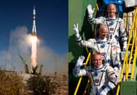 Décollage le 30 septembre 2009 du Soyouz TMA-16 avec à son bord les deux astronautes de l'Expedition 21 et le touriste spatial Guy Laliberté (au centre). Crédits Nasa/Bill Ingals