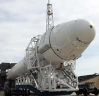 Le lanceur Falcon 9 et la capsule Dragon, ici à l'image,  devront attendre quelques jours de plus avant de rejoindre la Station spatiale. Le logiciel qui doit dialoguer avec l'ISS présente encore quelques bugs qu'il faut corriger.&nbsp;© Nasa/SpaceX