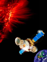 Une vue d'artiste de la sonde Genesis collectant des particules de vent solaire. Crédit : Nasa