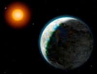Une vue d'artiste de Gliese 581g en orbite autour de sa naine rouge. Sa période orbitale est de moins de 37 jours et selon les estimations, sa température moyenne serait comprise entre -31 et -12 degrés Celsius. © Lynette Cook