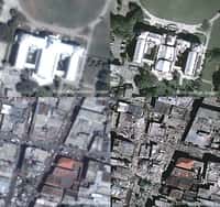 Cette mosaïque de plusieurs images satellites montre le Palais présidentiel et un quartier de Port-au-Prince avant et après le tremblement de terre. Crédits DigitalGlobe & GeoEye