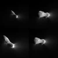 Quatre vues du noyau de 103P/Hartley 2 réalisées par la sonde Epoxi lorsqu'elle est passée au plus près de la comète. © Nasa