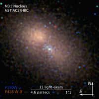 Détail du noyau de la galaxie d'Andromède. Le trou noir central hypermassif est entouré d'une grappe d'étoiles bleues et d'un vaste halo de vieilles étoiles. © Nasa/Esa/STScl
