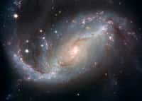 Cette image composite de la galaxie spirale barrée NGC 1672 a été réalisée en utilisant des filtres qui isolent la lumière des parties bleues, vertes et infrarouges du spectre ainsi que l’émission de l’hydrogène ionisé. © Nasa, ESA, The Hubble Heritage Team (STScI/AURA)-ESA, Hubble Collaboration