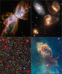 On voit ici 4 des images fournies par la Wide Field Camera 3, la nouvelle caméra de Hubble. En bas à gauche ce sont près de 100.000 étoile de l'amas globulaire géant Omega Centauri qui sont résolues. Crédit : NASA, ESA, Hubble SM4 ERO Team