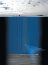 Un schéma montrant IceCube en Antarctique. Plusieurs modules capables de détecter la lumière Cerenkov (cône bleu) produite par les rayons cosmiques sont installés en colonnes verticales de plusieurs kilomètres dans la glace. © 2011 Exploratorium 