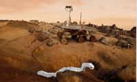 Voilà à quoi pourrait ressembler la combinaison d’un rover et d’un robot-serpent pour explorer Mars (montage). Le robot-serpent pourrait se détacher du rover, puis se faufiler pour atteindre des zones difficiles et récolter des échantillons. Le câble reliant les deux engins servirait non seulement à l’alimentation et au transfert des données, mais également de treuil en cas d’enlisement du rover. © Sintef ICT