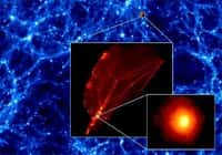Image de synthèse montrant des accumulations de matière primordiale, sur un champ de 10.000 a-l de côté, et, grossis, d'hypothétiques halos de matière noire, constituée de neutralino (hypothèse de Ben Moore et al., Nature, janvier 2005).