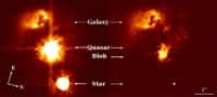 (A gauche) image HST du quasar HE0450-2958. Aucune galaxie hôte centrée sur le quasar n'est visible. On distingue la galaxie compagnon perturbée en haut de l'image. (A droite) Même image mais traitée par la méthode de déconvolution « MCS ». Le nuage gazeu