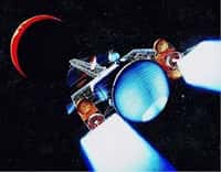 Vue d'artiste d'un moteur nucléoélectriqueSon principe repose sur l'ionisation d'un gaz et son éjection à grande vitesse (Crédits : NASA)