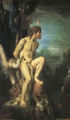 Prométhée, attaché par Zeus en punition de sa tromperie, se faisant dévorer le foie par un rapace.
Prométhée par MOREAU(Musée Moreau, Paris)