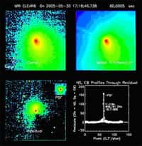 Détection du noyau de la comète Tempel 1 par Deep Impact. En bas à droite, mesure de l'éclat du noyau.