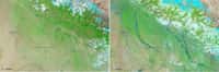 Le&nbsp;Moderate Resolution Imaging Spectroradiometer&nbsp;(Modis) du satellite Aqua de la Nasa a observé les inondations provoquées par la mousson le 21 juin 2013 (à droite). En comparaison, à gauche, la vue satellite de la même région prise le 30 mai 2013. Dans ces images en fausses couleurs, l'eau apparaît en bleu et les terres en vert. © Nasa