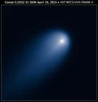Le 10 avril 2013, le télescope spatial américain Hubble a photographié à son tour la très médiatique comète Ison. Bien que cette image ait été réalisée en lumière visible, la couleur bleue a été ajoutée pour faire ressortir les détails de la structure de la comète. © Nasa, Esa, J.-Y. Li (Planetary Science Institute),&nbsp;Hubble Comet Ison Imaging Science Team
