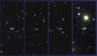 Ces 4 images ont été réalisées par le spectrographe multi-objets qui équipe le télescope Gemini nord de 8,1 m de diamètre. Elles montrent la comète Ison les 4 février, 4 mars, 3 avril et 4 mai 2013. L'éclat de la comète est environ de magnitude 16, alors qu'elle se trouve au niveau de l'orbite de Jupiter. © Gemini Observatory, Aura