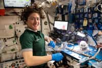 L'astronaute de la Nasa, Christina Koch, ici le 25 avril 2019, en train de travailler sur la botanique spatiale à l'aide de l'équipement de recherche Veggie Ponds pour cultiver et récolter des laitues et des légumes mizuna pour la consommation sur la Station spatiale internationale et l'analyse sur Terre. © Nasa