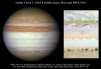 Cette image prise le 7 juin 2010 par le télescope spatial Hubble est venue confirmer qu'aucune cicatrice sombre n'était observable à l'endroit où s'était produit le flash lumineux quatre jours plus tôt (cercle rouge à droite). Un chapelet de taches sombres (flèche rouge) révèle le début de la désagrégation de la couche de nuages blancs qui masquent la bande équatoriale sud. Crédit Nasa/Esa

