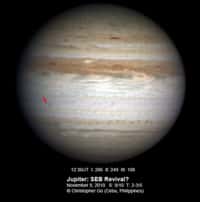 Premier signe de la prochaine réapparition de la bande équatoriale sud de Jupiter, un spot brillant est apparu sur la SEB le 9 novembre. © Christopher Go