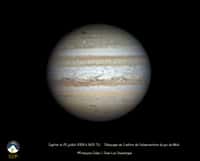 La marque noire dans la région polaire sud de Jupiter (en haut du globe sur l'image) est la trace de l'impact observé depuis le 19 juillet. Crédit F. Colas et J-L Dauvergne