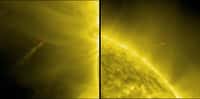 De gauche à droite sur les images de SDO obtenues cette nuit, on voit la comète Lovejoy foncer vers le Soleil puis échapper au piège sans qu'on sache encore combien lui a coûté ce survol. © Nasa/SDO