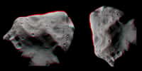 Un anaglyphe (nécessitant des lunettes spéciales) montrant l’astéroïde Lutetia en relief. Ce type d'image permet de se rendre compte de la profondeur des cratères et des nombreuses concavités qui le façonnent. Crédits Esa 2010 / MPS for OSIRIS Team MPS/UPD/LAM/IAA/RSSD/INTA/UPM/DASP/IDA