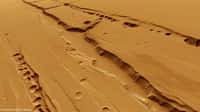 Cette vue martienne en perspective des rangées de dépressions dans les failles qui strient les pentes des volcans du plateau de Tharsis a été réalisée par ordinateur à partir des images fournies par la sonde Mars Express. © Esa/DLR/FU Berlin (G. Neukum) 