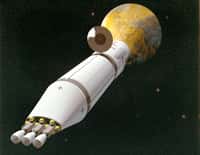 Un des nombreux concepts de véhicule spatial (ici l'un de ceux de la Nasa)&nbsp;pour atteindre Mars. Pour protéger l'équipage des radiations durant le voyage, il sera possible de privilégier&nbsp;certains matériaux, voire d'installer les réserves d'eau (une bonne protection) autour du vaisseau.&nbsp;© Nasa