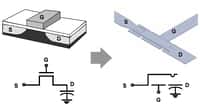 Une mémoire MEMS (à droite) ressemble à un transistor (à gauche). La porte (G, Gate) commande le contact entre la source (S) et le drain (D) en pliant la lame vers le condensateur (D). © KAIST