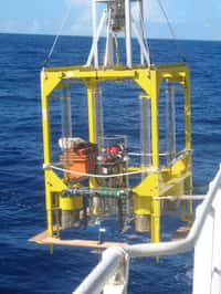 Ce dispositif a été immergé par près de 11.000 m de fond pour étudier la consommation d'oxygène au sein des sédiments de Challenger Deep. La sonde se situe au milieu de la cage. Des mesures ont ensuite été faites en dehors de la fosse des Mariannes, par 6.000 m de fond. © Anni Glud