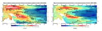 Variabilité régionale des vitesses de variation du niveau de la mer dans le Pacifique tropical ouest (en mm/an) mesurées par les satellites altimétriques entre 1993 et 2009 (à gauche) et reconstruites par les auteurs entre 1950 et 2009 (à droite).