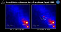 Le Large Area Telescope de Fermi ne montre aucun signe d'une nova pour V407 Cyg 19 jours avant le 10 mars 2010 (à gauche), mais l'éruption est évidente par la suite (à droite). Les images montrent le taux de rayons gamma dont les photons ont des énergies supérieures à 100 millions d'électron-volts (100 MeV); les couleurs vives indiquent les taux les plus élevés. Crédit : Nasa / DOE / Collaboration LAT Fermi
