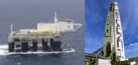 Odyssey, la plateforme de Sea Launch. Avant le lancement, son équipage est tranféré à bord du Sea Launch Commander, le bâtiment qui gère les opérations. © Sea Launch