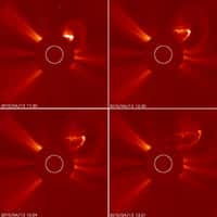 Extraites d'une animation vidéo réalisée par le coronographe du satellite Soho, ces quatre images montrent l'importante bulle de plasma qui s'est développée dans la couronne solaire le 13 avril 2010. Crédit Nasa/Esa/Soho
