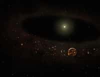 Une vue d'artiste de la jeune étoile TYC 8241 2652 venant de perdre son disque de poussière. Une planète y est visible encore en formation. Cette planète est hypothétique. © Gemini Observatory-Lynette Cook.