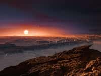 Une vue d'artiste à la surface de l'exoplanète Proxima b. En haut, à droite de l'étoile Proxima du Centaure, on peut voir Alpha Centauri A et B. © ESO