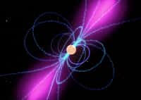 Représentation artistique d'un pulsar. Des nuages de particules chargées se déplacent le long des lignes de champ magnétique (en bleu) et créent un faisceau de rayons gamma (en violet), à la manière d'un phare marin. © Nasa, CNRS