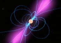 Des nuages de particules chargées se déplacent le long des lignes de champ magnétiques du pulsar (en bleu) et créent un faisceau de rayons gamma (en violet) à la manière d'un phare de marine. Crédit : Nasa-CNRS