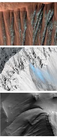Ces images en fausses couleurs (sauf celle du bas) montrent que ces ravines sont formées (ou drainent quelque chose) à base d’eau à l’état glacé. Mais malgré la résolution des instruments qui tournent autour de Mars, il est très difficile de se faire une idée précise sur la nature de ce phénomène. © Nasa/JPL/University of Arizona