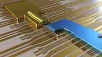 Une représentation d'un transistor où les physiciens ont provoqué la naissance de « quasi-particules » décrites par la théorie des fermions de Majorana. Le nanofil en antimoniure d'indium est recouvert d'or et connecté à une électrode supraconductrice (en bleu). Un dispositif similaire a été réalisé pour étudier l'effet de la décohérence sur ces fermions. © TU Delft 2012