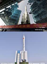 Le lanceur Longue Marche 2F de Shenzhou-10 est une version améliorée du lanceur utilisé pour la mission Shenzhou-9. Il est censé être plus fiable, d’après les annonces. © Xinhua