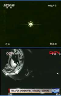 Signe des temps et de la confiance dans ses capacités, la Chine a retransmis en direct l'amarrage de Shenzhou-8 au module Tiangong-1. © CCTV