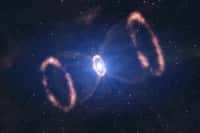 Cette représentation d'artiste montre comment est distribuée la matière éjectée par la supernova SN 1987a, à partir des informations fournies par le spectrographe Sinfoni. Crédit Eso/L. Calçada