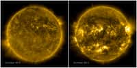 Cette image illustre bien&nbsp;l’activité du Soleil, qui se traduit par une variété de phénomènes qui varient de façon cyclique (11 ans), en fréquence et en intensité. Les taches solaires, bien plus nombreuses&nbsp;sur l’image de droite, en sont l’exemple le plus concret. © Nasa/ SDO Science team